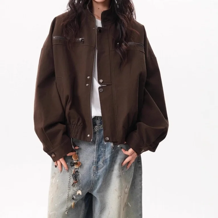 Women's Barn Style Stand-Up Collar Tooling Jacket Vintage Versatile Trendy Jacket Loose Casual Women's Top