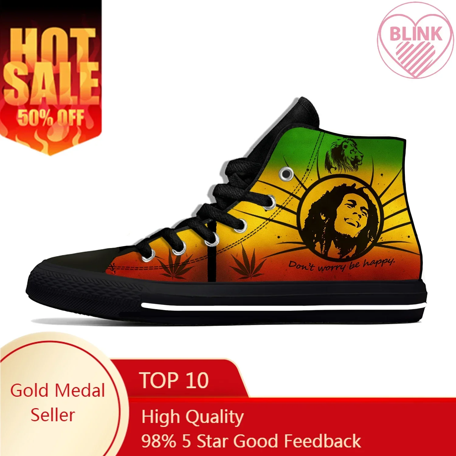 

Bob Marley Reggae Star Rasta Rock Music Fashion Casual Cloth Shoes High Top Lightweight Breathable 3D Print Men Women Sneakers