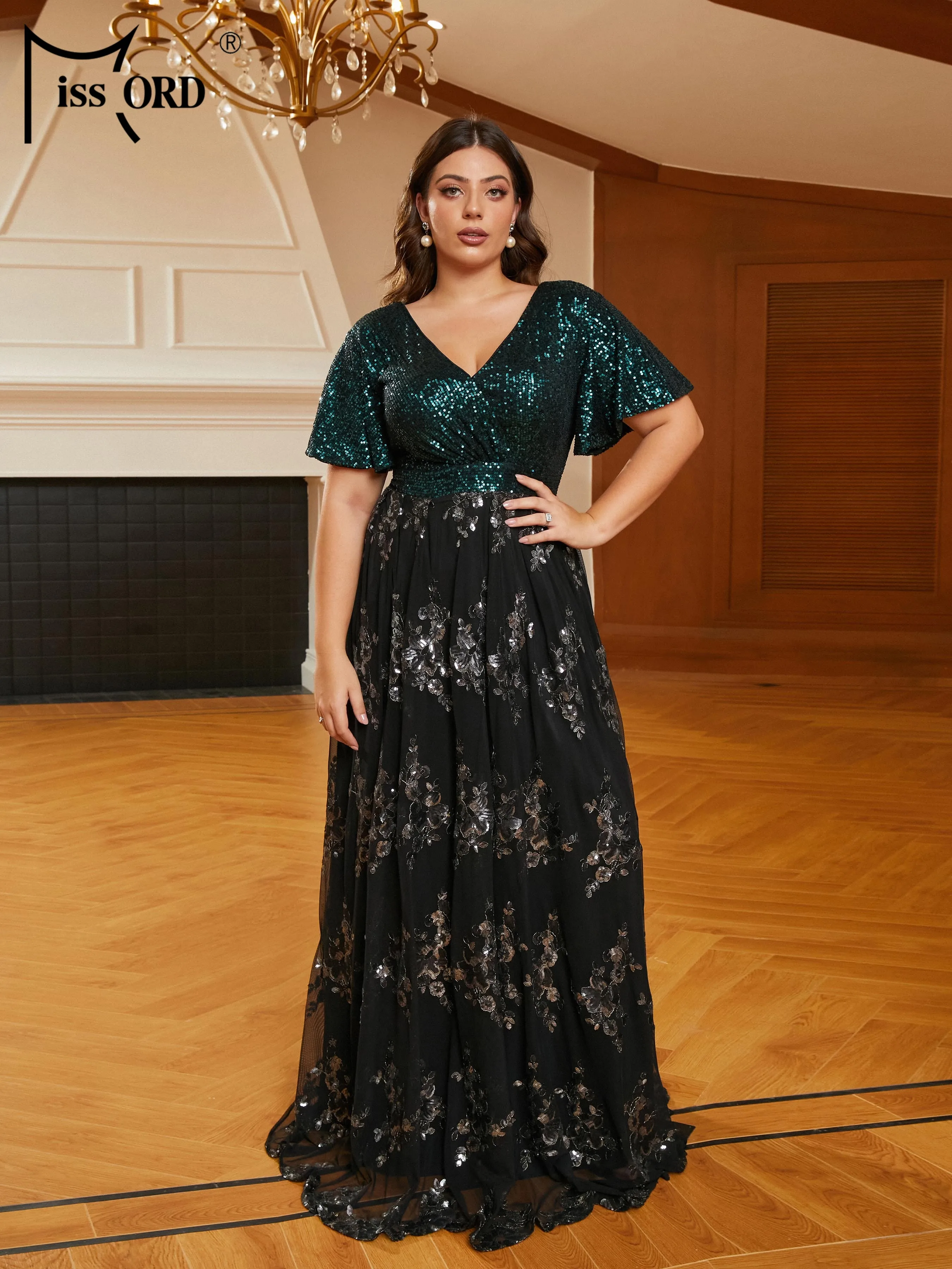 Missord New Plus Size Chic Elegant Woman Dress Panel Sequin Black Short Sleeve  A-line Prom Evening Formal Occasion Dresses