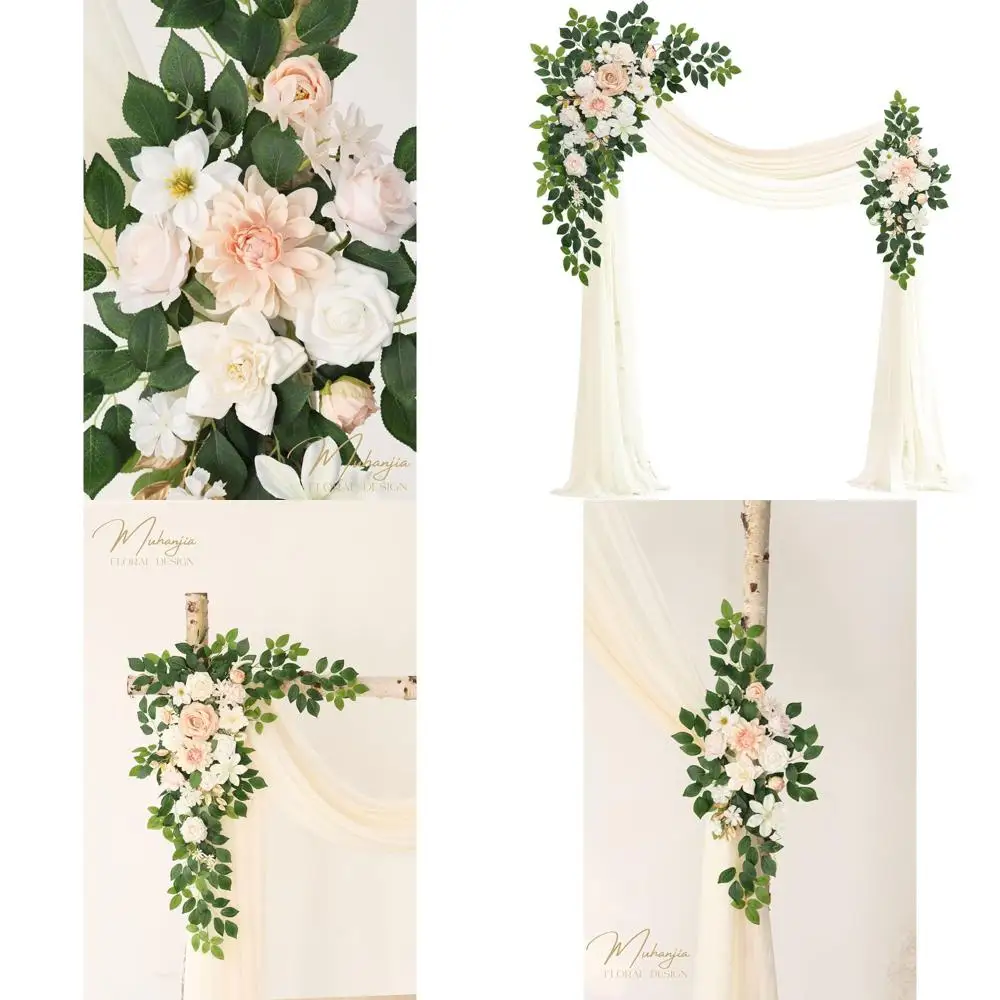 

Set of 4 Artificial Wedding Arch Kits with 2 Lower Arches, Chiffon Drapes, and Floral Outdoor Party Decor in Champagne & Cream