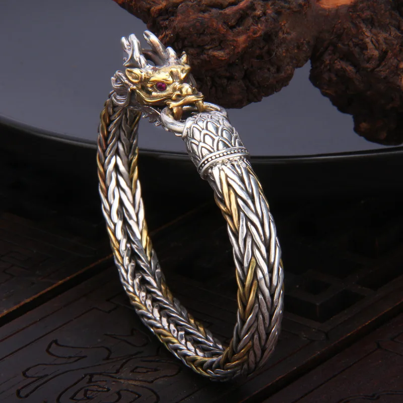 Heavy Industry Chinese Faucet Hand-Woven Sterling Silver Bracelet Trendy Men Power Style Personalized Retro National Trend Zodia