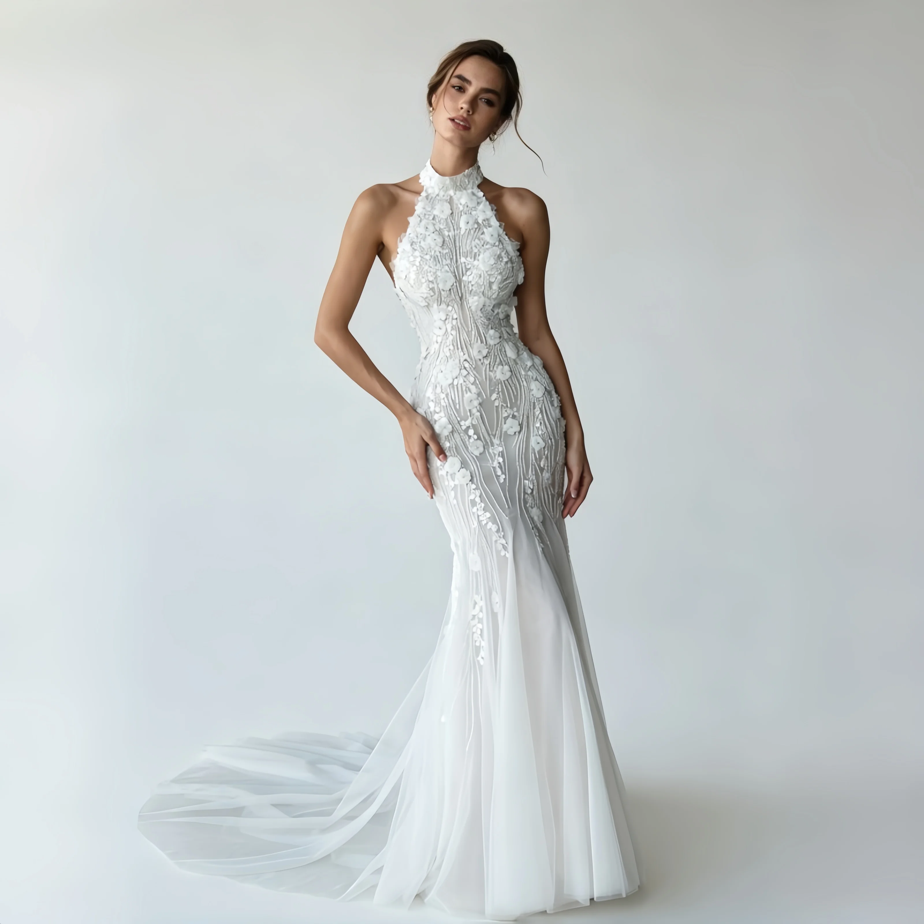 

French Style Halter Open Back Mermaid Bridal Dress 3D Flower Embroidery Rhinestone Heavy Beading Tulle Chapel Train Wedding Gown