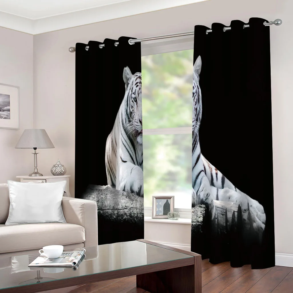 HUANZHUANG Bedroom Curtains black and white tiger Rod Pocket Wooden Door Printed Living Room Curtain For Home Decor Treatment