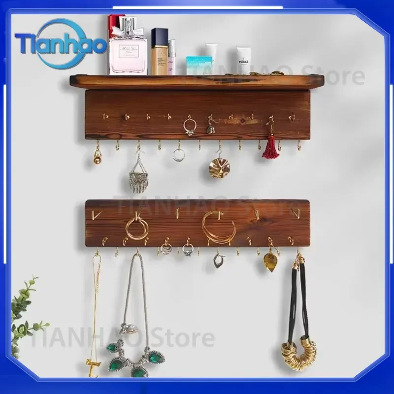 Wooden Jewelry Organizer Wall Mounted Display Rack for Entryway Key Hooks Necklace Holder Bracelet Display