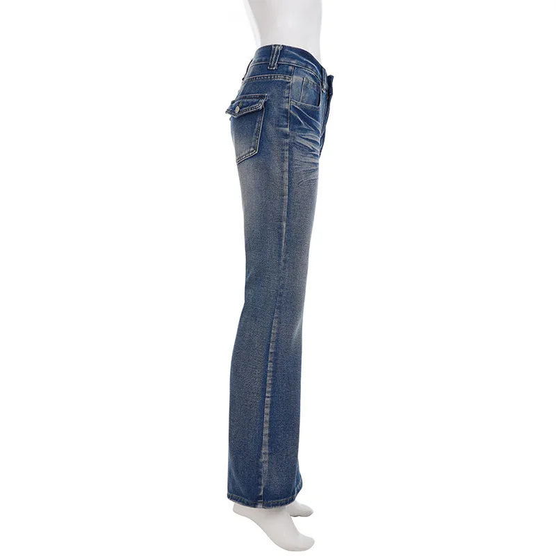 Jean en denim délavé rétro vintage pour femmes, pantalon évasé taille basse, coupe slim, amincissant, épicé, pour filles