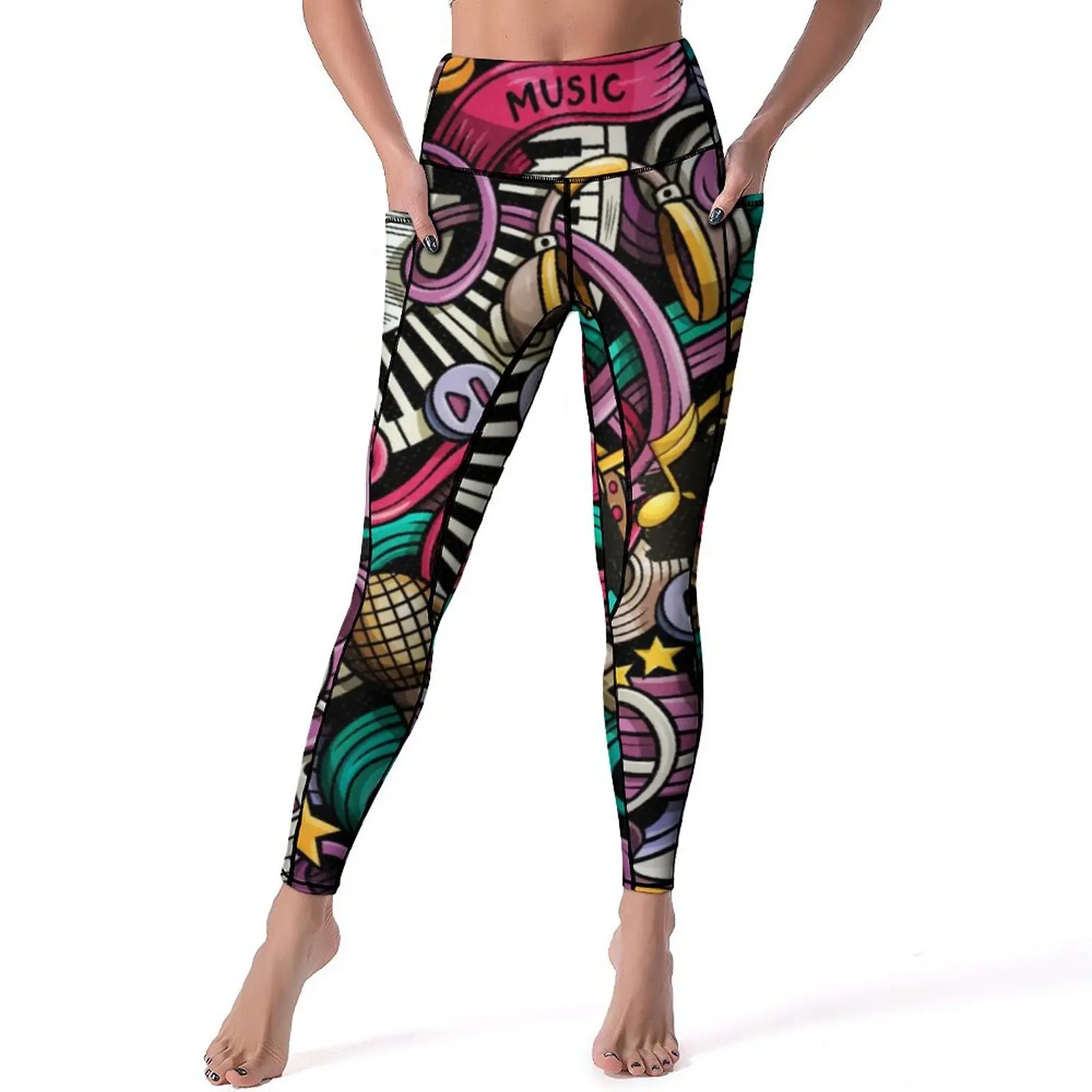 Abstract Music Yoga Pants Sexy Colorful Print Custom Leggings High Waist Workout Leggins Women Casual Stretch Sports Tights