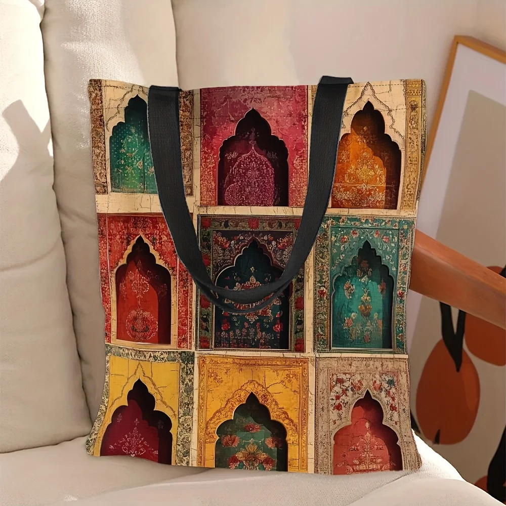 1個 イスラム教モスクプリントトートバッグ - 頑丈なポリエステルキャンバス、アラビアのアーチとイスラム美術デザイン、レッド/ゴールデン/グリーン/ブラック