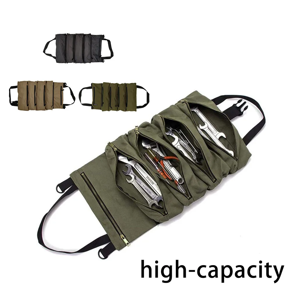 Tool Roll Bag Multi-Purpose Portable Storage Bag with 5 Zip Pockets Wrench Tools Pouch Zipper Carrier Motorcycle Khaki