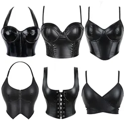 Women Pu Leather Corset Top Crop Bustier Gothic Punk Bra Push Up Bodice Corselet Party Short Camis Plus Size Black