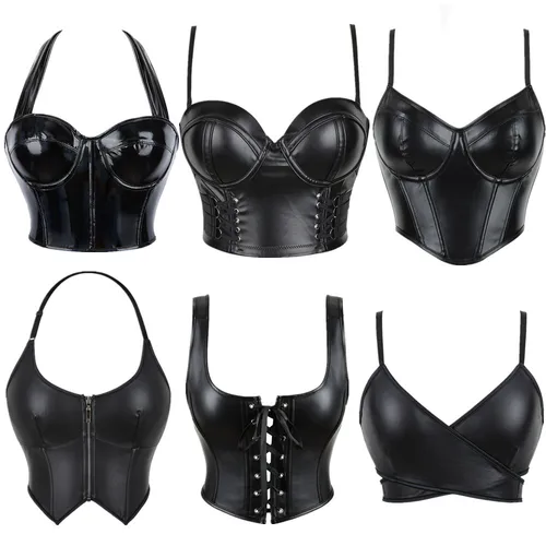 Corsé de cuero Pu para mujer, corpiño corto, sujetador gótico Punk, corpiño Push Up, corsé, camisola corta de fiesta de talla grande, negro