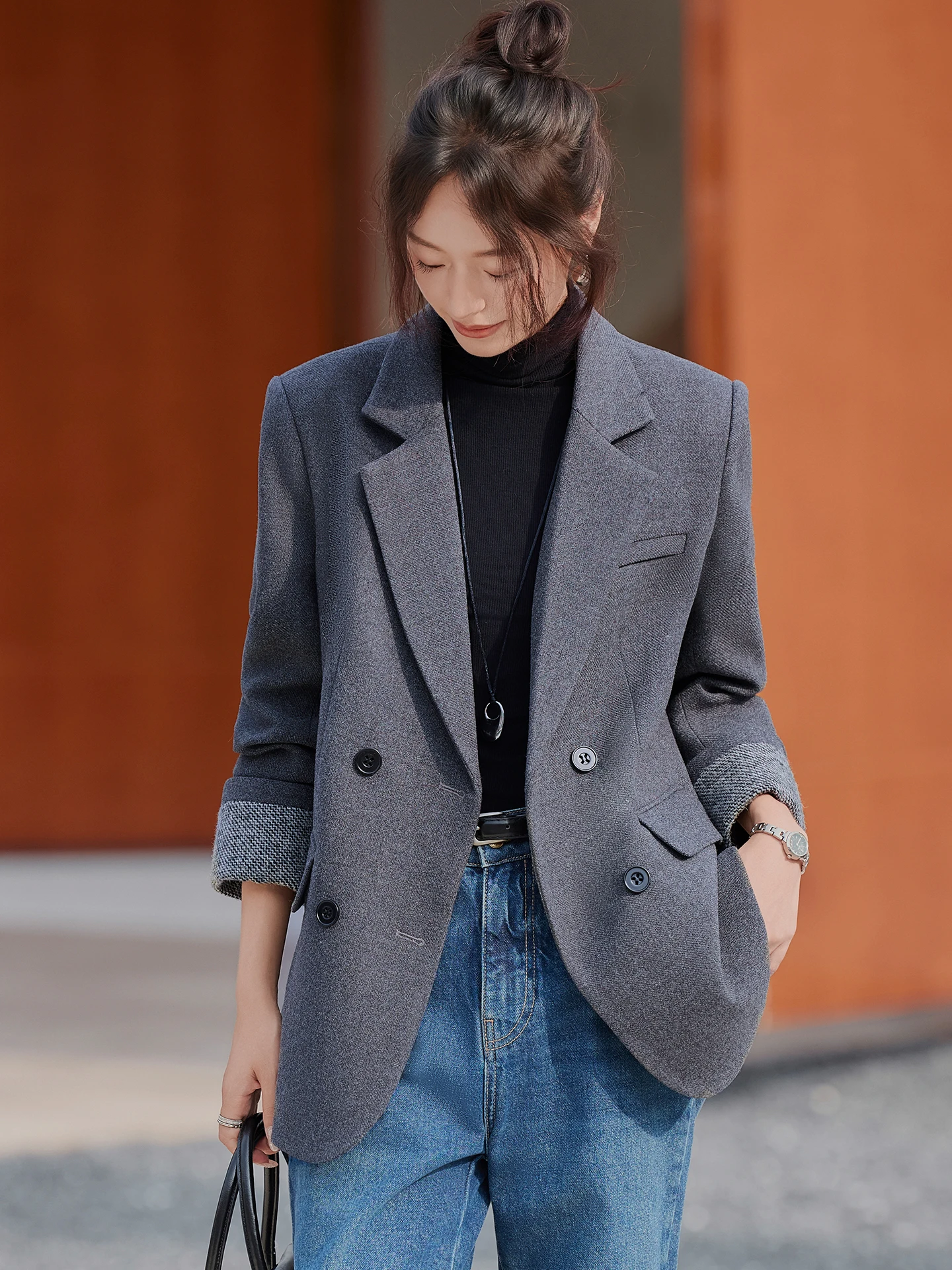 Gray Woolen Suit Jacket Women's Spring Autumn Loose plus Size Professional Elegant Commute Style Long Sleeve Double Breasted