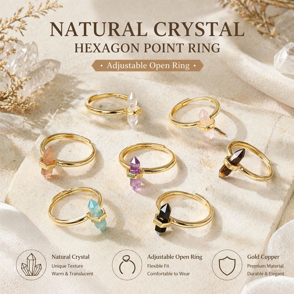 Natural Amethyst Crystal Column Ring for Women High-End Double-Pointed Hexagonal Prism Open Adjustable Energy Stone Ring