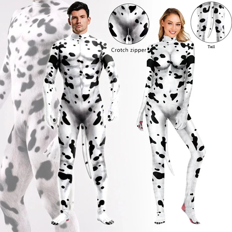 Dalmati Uomo Donna Costume Cosplay Animale Mucca da latte Halloween Cartoon Catsuit con coda Zentai Suit Tuta Tuta intera