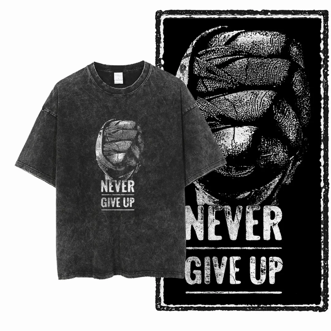 

Vintage Washed Bound Fist Graphic Never Give Up Slogan Men T-shirt Oversized Black Worn-in Casual Tshirt – Bold Motivational Tee
