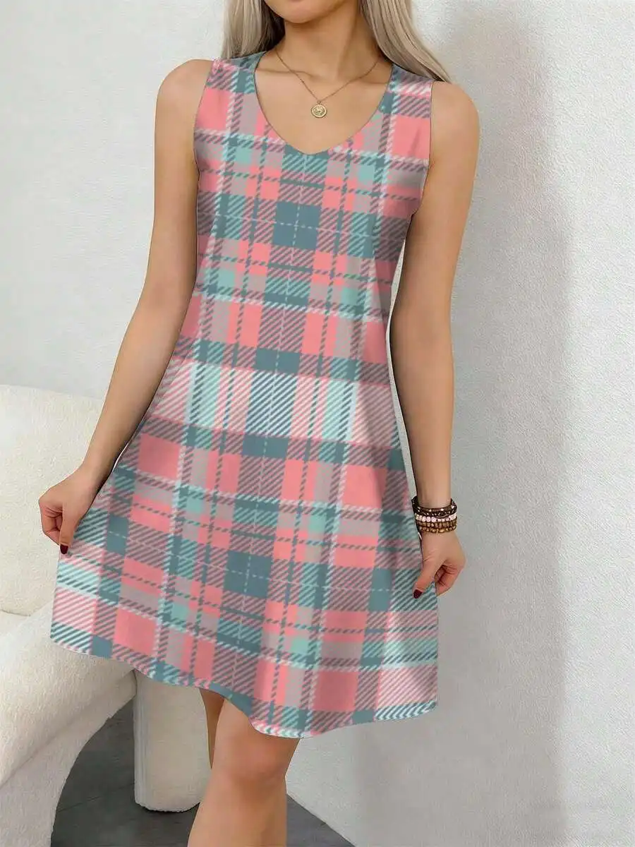 

Plaid V-Neck Sleeveless Midi Dress For Women Casual Flared Hem 3D Print