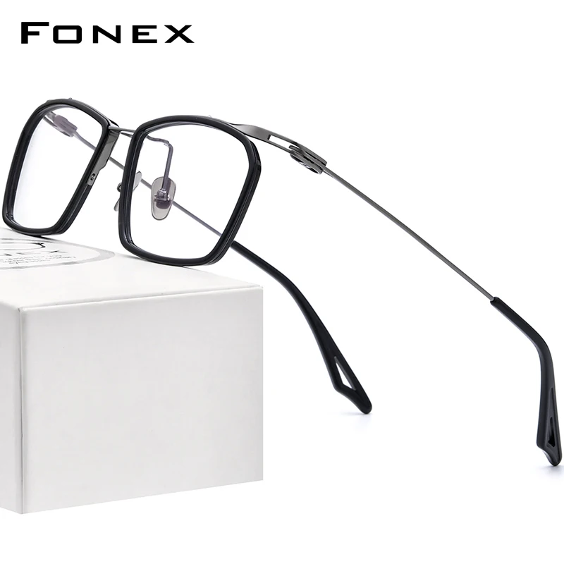 FONEX Acetate Titanium Glasses Frame Women 2024 Vintage Oversize Square Eyeglasses Men Spectacles Eyewear ACT-two