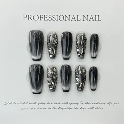 10Pcs Black Fake Handmade Nails with Rhinestone Y2K Cat's Eye French Full Cover Nail Art Tips Short Ballet Press on False Nails