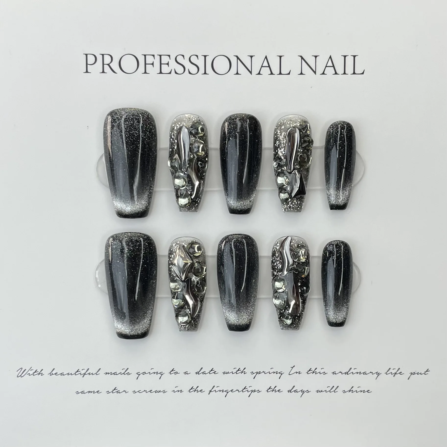 10Pcs Black Fake Handmade Nails with Rhinestone Y2K Cat's Eye French Full Cover Nail Art Tips Short Ballet Press on False Nails