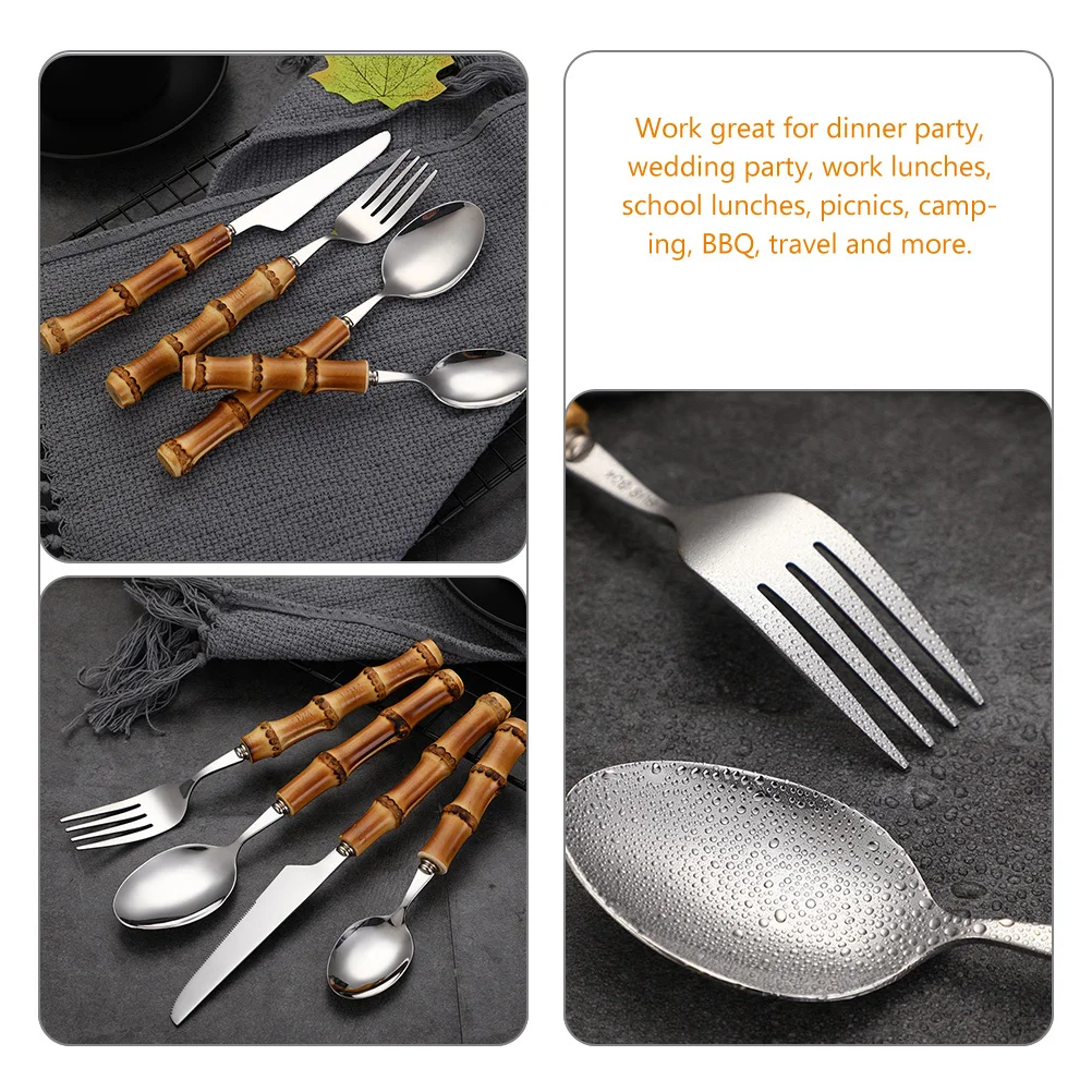 

1 Set Stainless Steel Fork Spoon Cutter Bamboo Flatware Utensil For Camping Picnic Travel Outdoor Indoor Dining Party Wedding