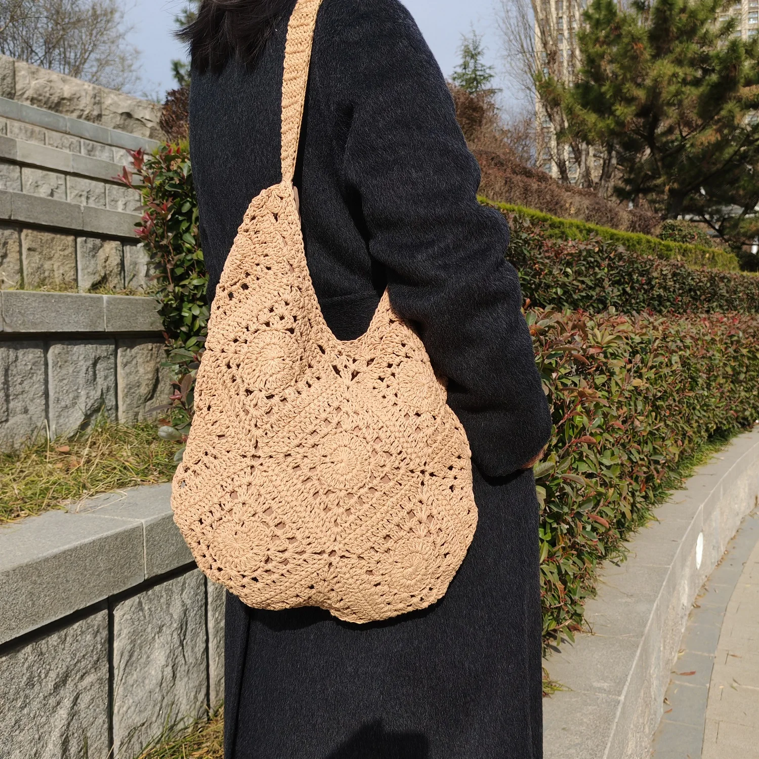 

Fashion Women Crochet Shoulder Bag Knitted Woven Hobo Tote Casual Daily Handbag with Lining