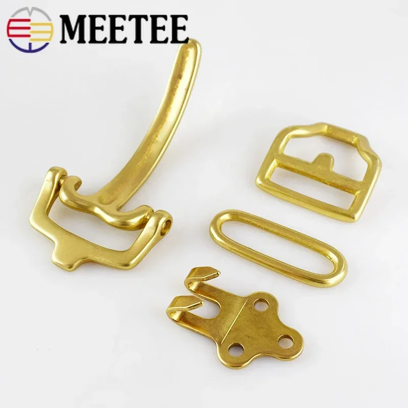 1Set=4Pcs Meetee Solid Brass Cavalry Men Belt Buckle DIY Waistband Jeans Leather Craft for 38mm Belts Rivet Screws Accessory