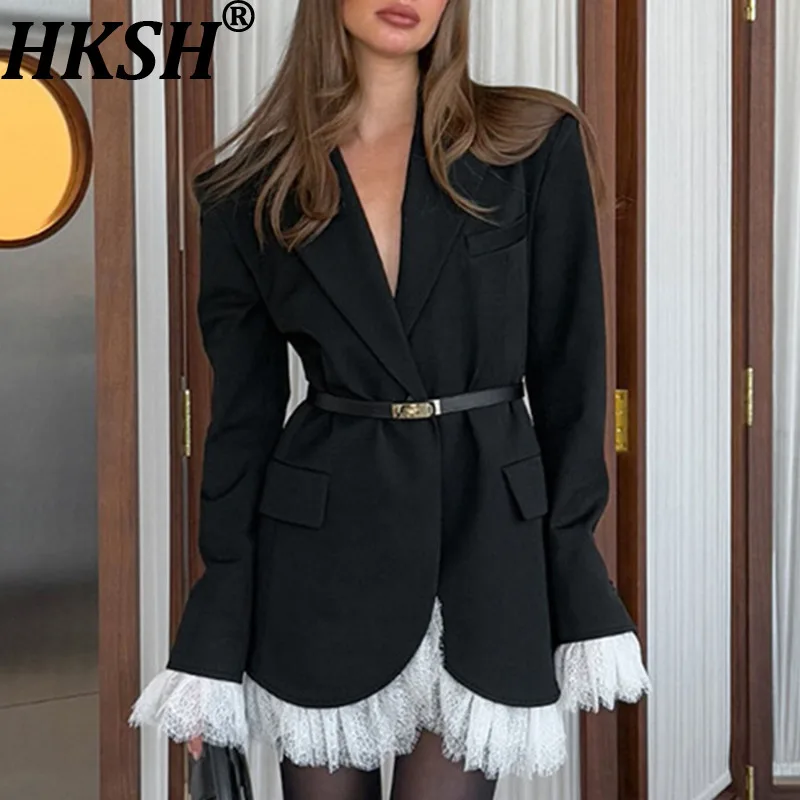 HKSH 2026 Spring Autumn New Women Blazer Patchwork Lace Hem Color Block Belted Elegant Fashion Office Lady Trendy Jacket HK18698