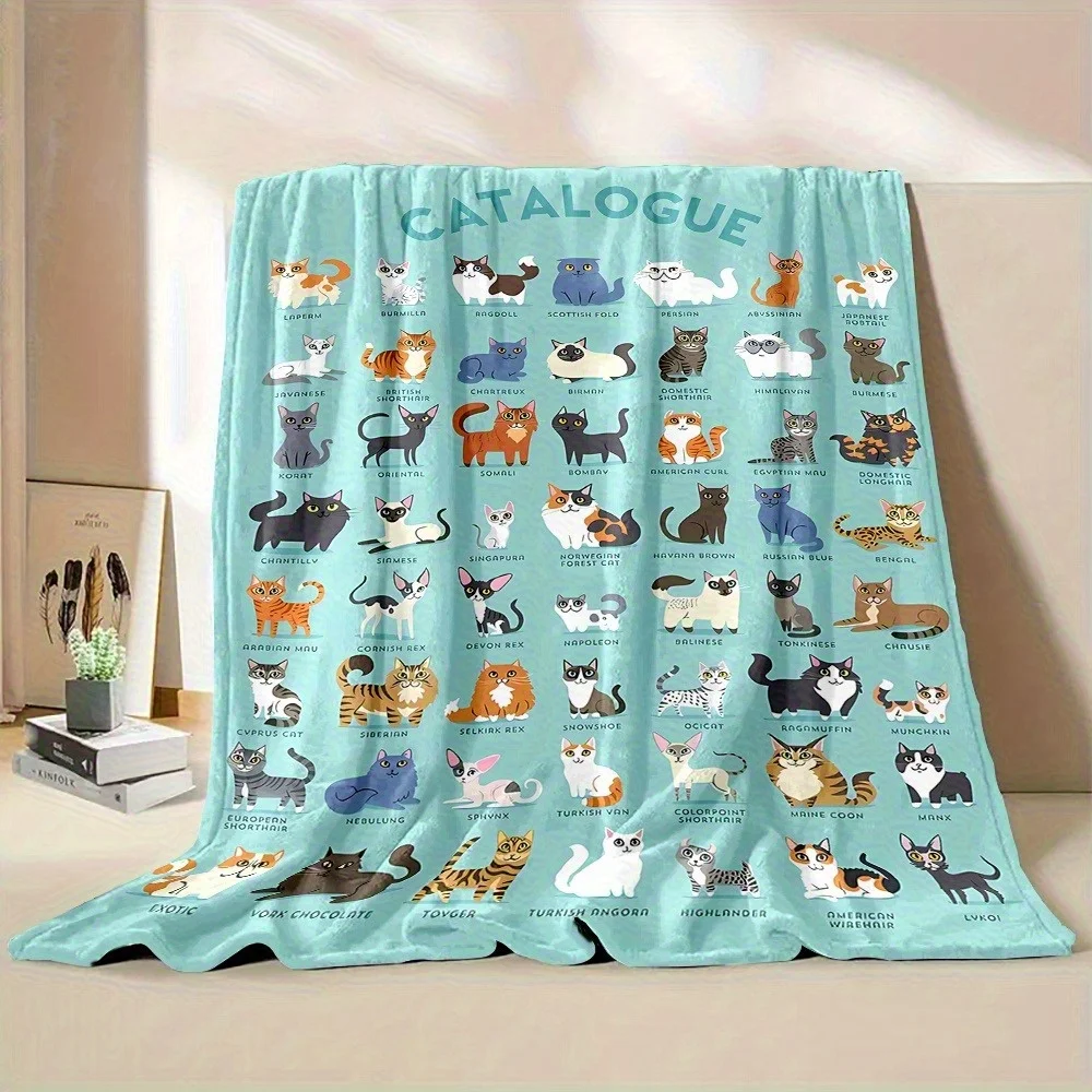 1pc Cute Cat Collection Flannel Throw Blanket, Machine Washable, for Sofa Bed Car Camping Office, Gift for Cat Lovers