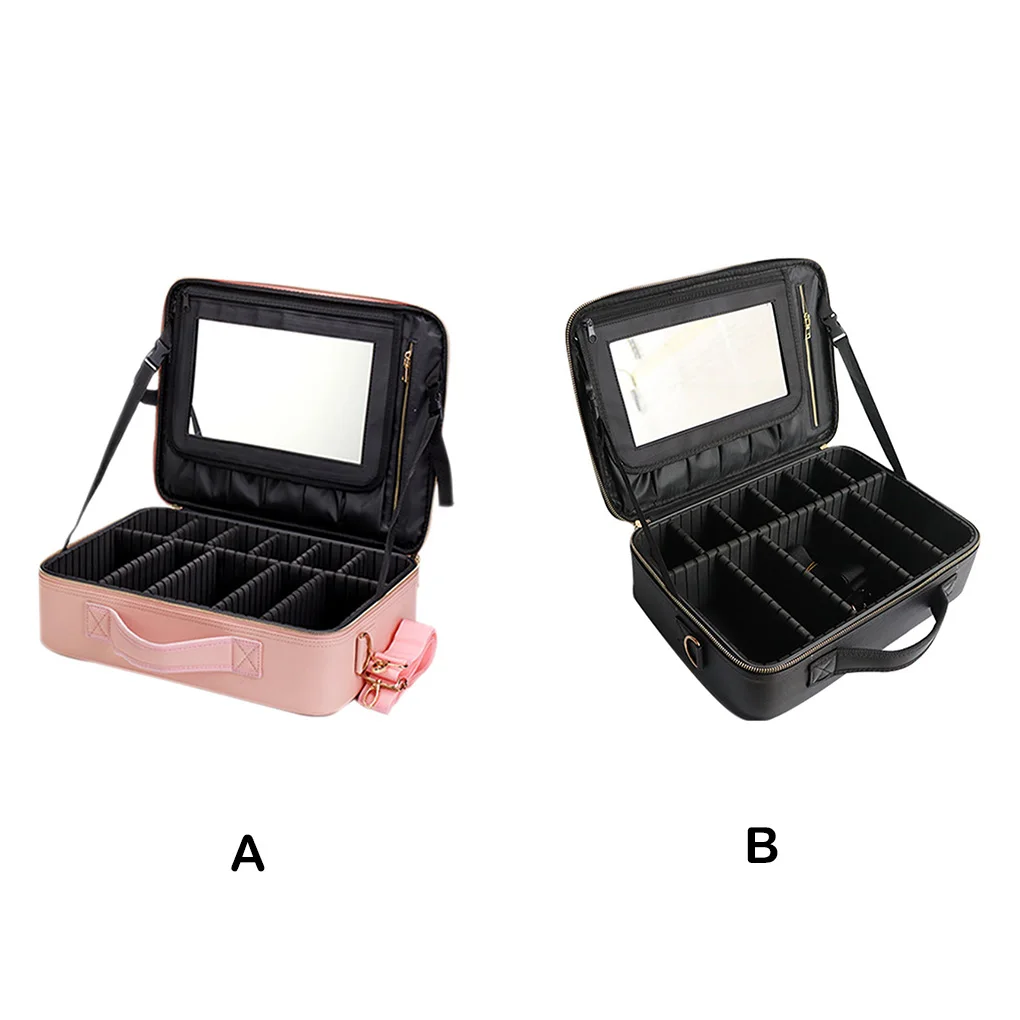 

Travel Vanity Bag with Mirror Makeup Nail Polish Partition PU Case Black/S
