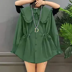 Women's Clothing Commute Korean Solid Color Peter Pan Collar Blouse 2022 Spring New Long Sleeve Shirring Waist Buttons Shirt