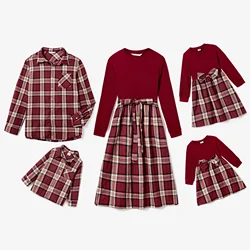 PatPat Family Matching Casual Long-sleeve Plaid Splicing Belted Dresses and Shirts Sets Suitable for Summer Season