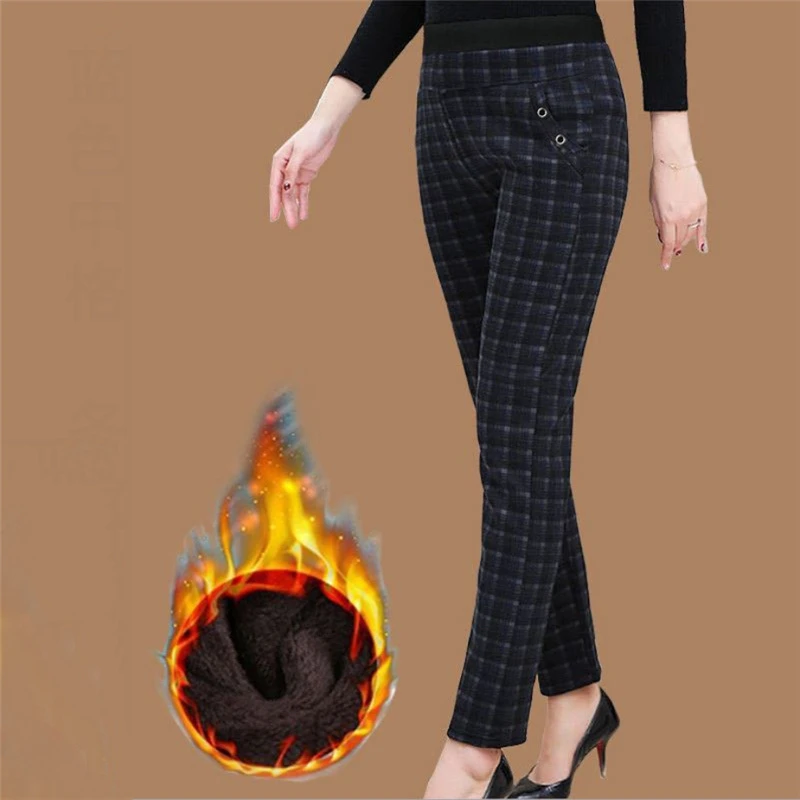 2022 Autumn Winter Plush Thick Warm Elegant High Waist Office Ladies Trousers Women Plaid Print Slim Pants Pantalones Mujer 4XL