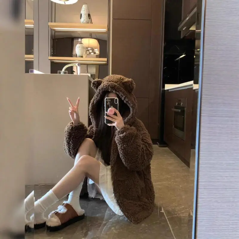 Y2K المرأة السوداء القط الأذن مقنعين سترة الجمالية المتضخم الشارع الشهير معطف شتاء جديد دافئ الجرونج سستة رداء علوي غير رسمي الموضة #2