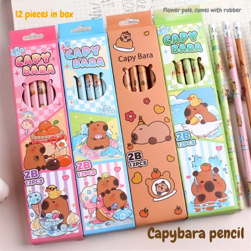 

12Pcs/Set Cute Cartoon Capybara 2B Wooden Pencil Eraser Kawaii HB Pencil Sketching Pen Drawing Kids School Students Stationery