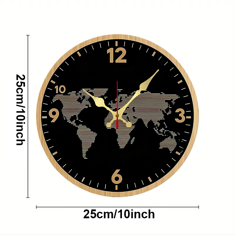 World Map Themed Wooden Round Silent Hanging Wall Clock, Suitable For Living Room, Office, Study Room, Bedroom, Home Decoration