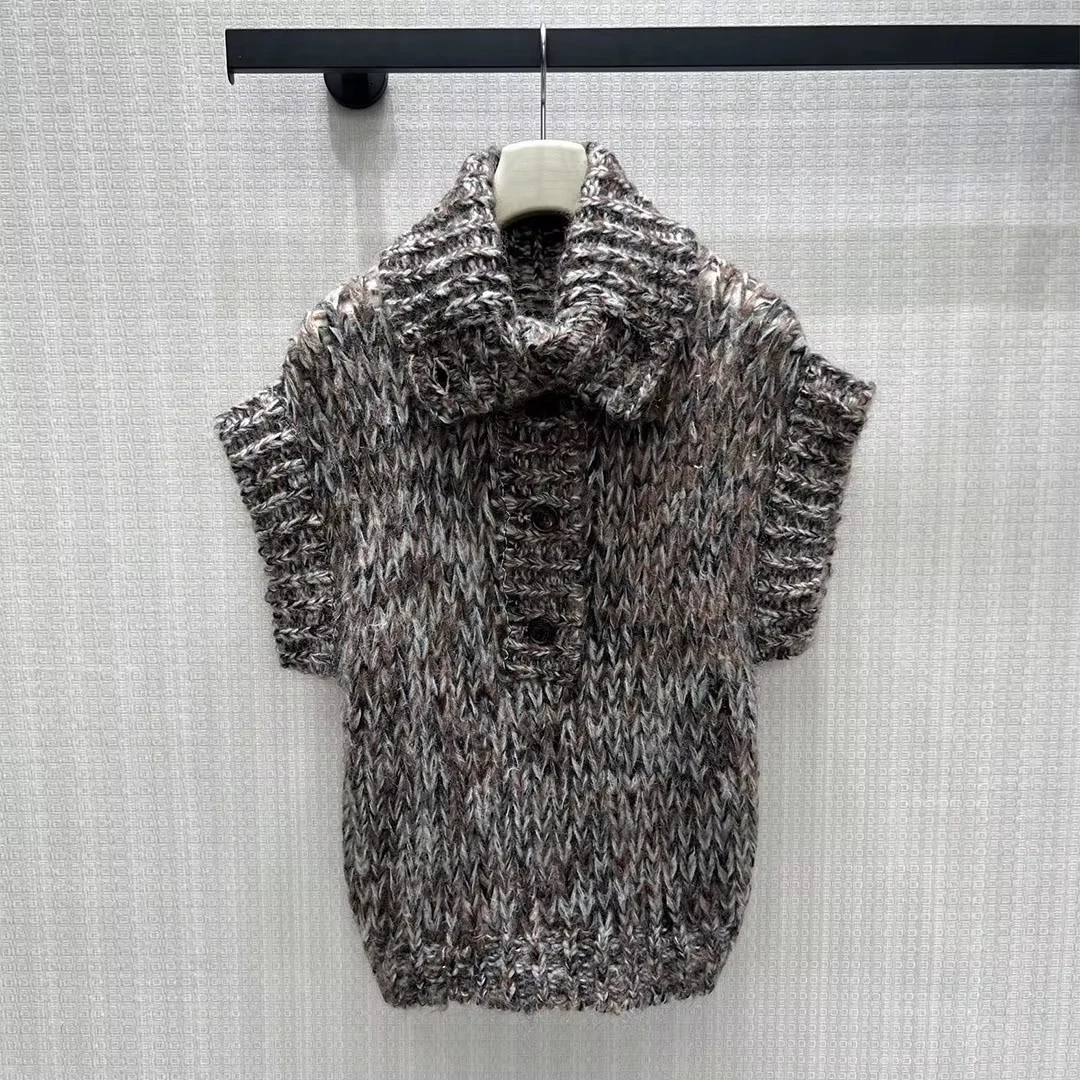 Old Money Style Vintage All-matched Fancy Yarn Mohair Knitted Vest Women Lapel Sleeveless Buttons Chic Coarse Needle Sweater