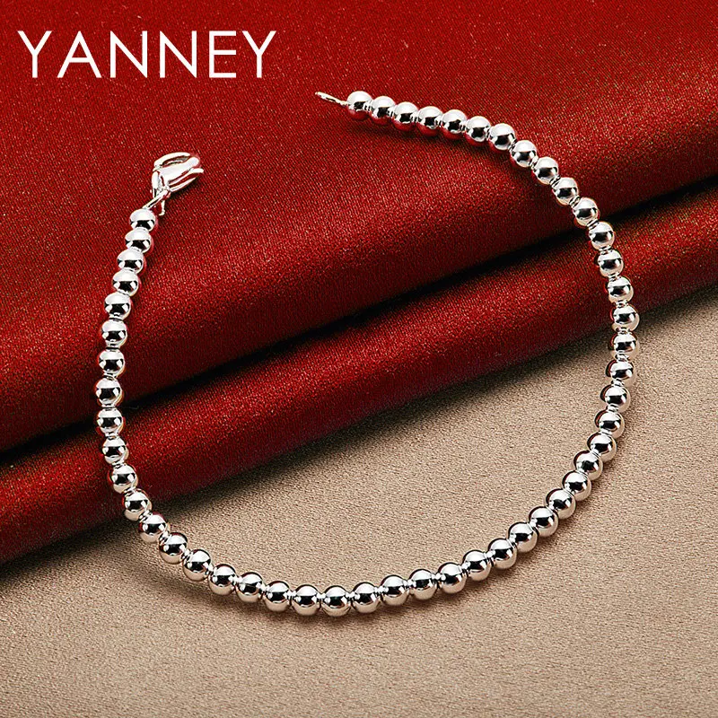 

Charm 925 Sterling Silver 8 Inches 4MM Smooth Bead Chain Bracelet For Men Women Fashion Wedding Party Gift Jewelry