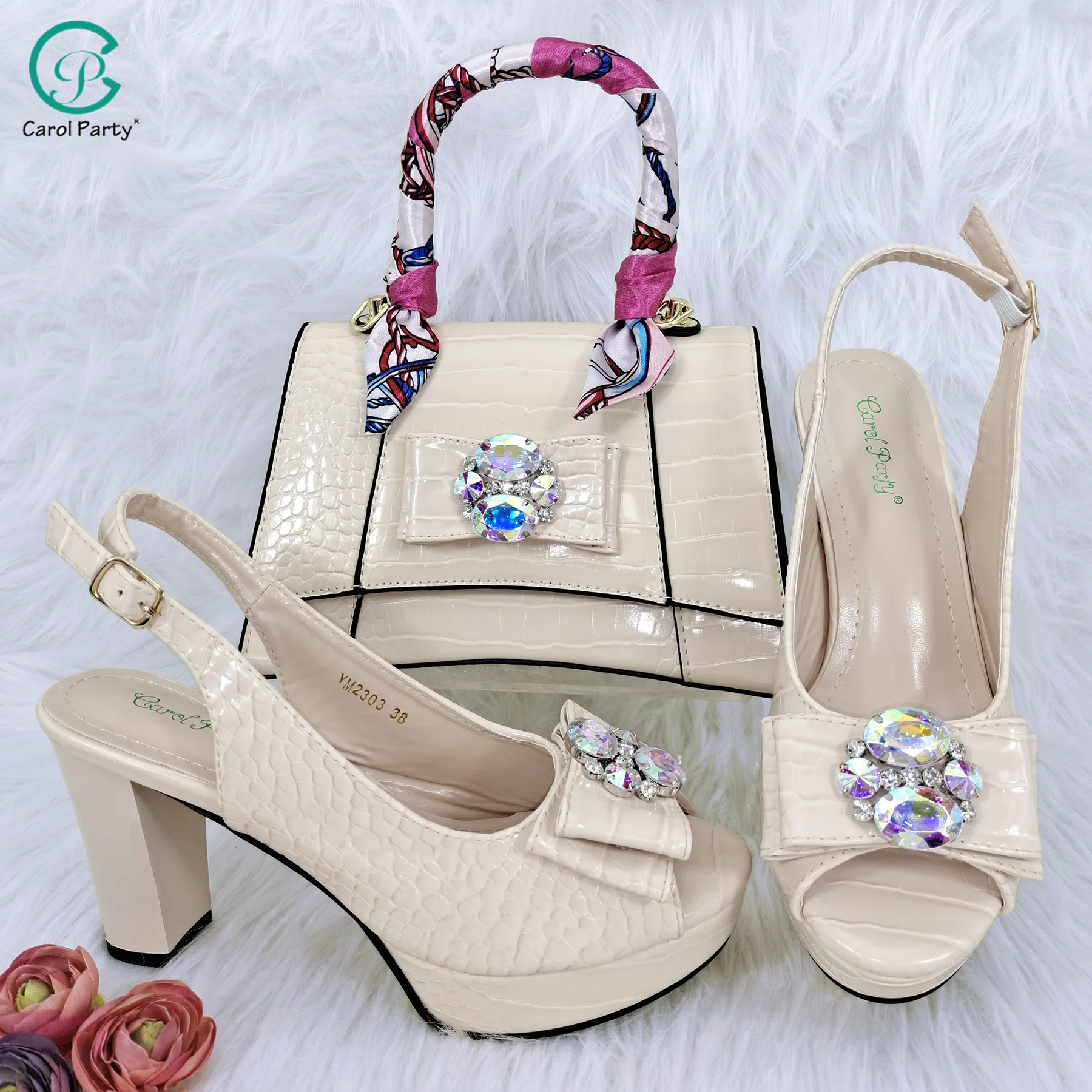 QSGFC New Arrival Beige Color High Heels Crystal Decoration Style Mature Wedding Party Women Shoes and Bag with platform