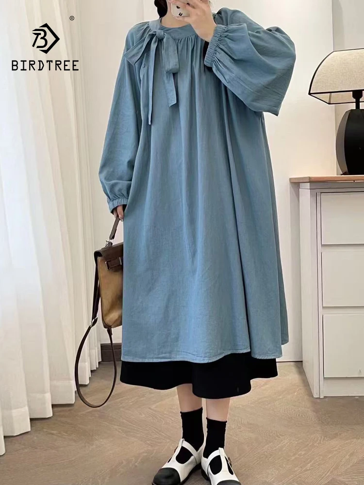 

New 2026 Spring Women Long Sleeve Denim Dresses, Stand Bow Lace-up, Mori Girl Fashion Age Reduction Chic Loose Dress D63829CC