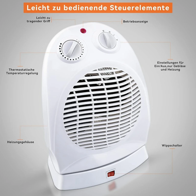 Fan Heater Energy-Saving, 2000 W, 120° Portable Fan Heater With 2 Heat Settings, Adjustable Thermostat, EU Plug