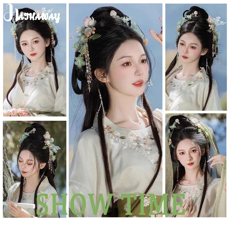 Hanfu Wig satu potong sintetis, kostum Wig hiasan rambut, Wig tas rambut Sanggul antik gaya pengantin dalam Ming dan lagu, pakaian wanita