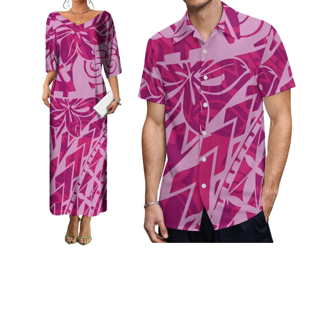 ملابس زوجين صيفية منعشة بأكمام قصيرة، قمصان رجالية بولينيزية بطبعات زهور، فساتين برقبة على شكل حرف V مصنوعة خصيصًا للنساء