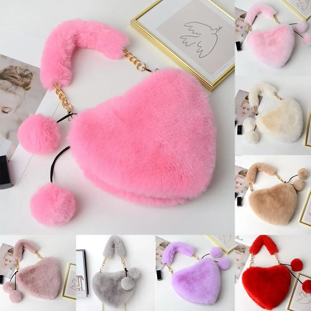 

Сумки на плечо, роскошные женские сумки из искусственного меха в форме сердца, маленькие сумки, пушистые плюшевые женские сумки с цепочкой под мышками, женский кошелек