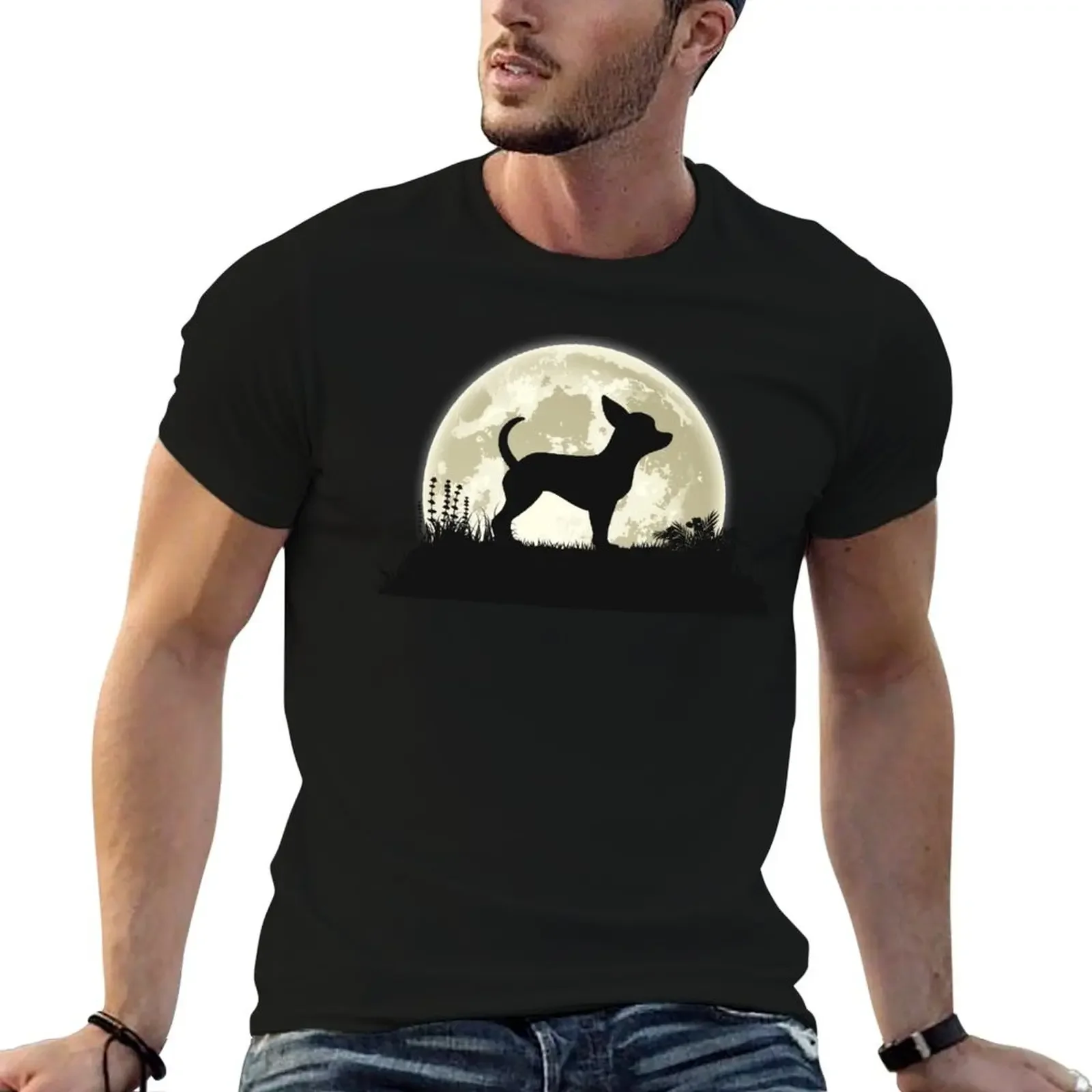 Chihuahua Silhouette in Front of Moon T-Shirt Blouse Short sleeve tee anime stuff anime tshirt Men's t-shirt