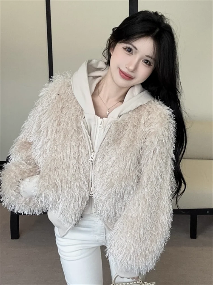 Fall Winter Fashion Women Black Khaki Plush Jacket Fake Two Pieces Retro Faux Fur Hooded Jacket Loose Casual Short Fluffy Coats
