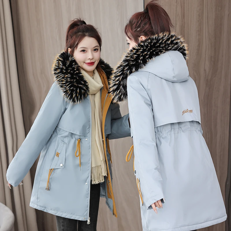 

Winter Thiened down Cotton Parka Korean Sle Warm Ele Personali Coat Women's Mid-Length Jaet Long Sve Zipper Cl...