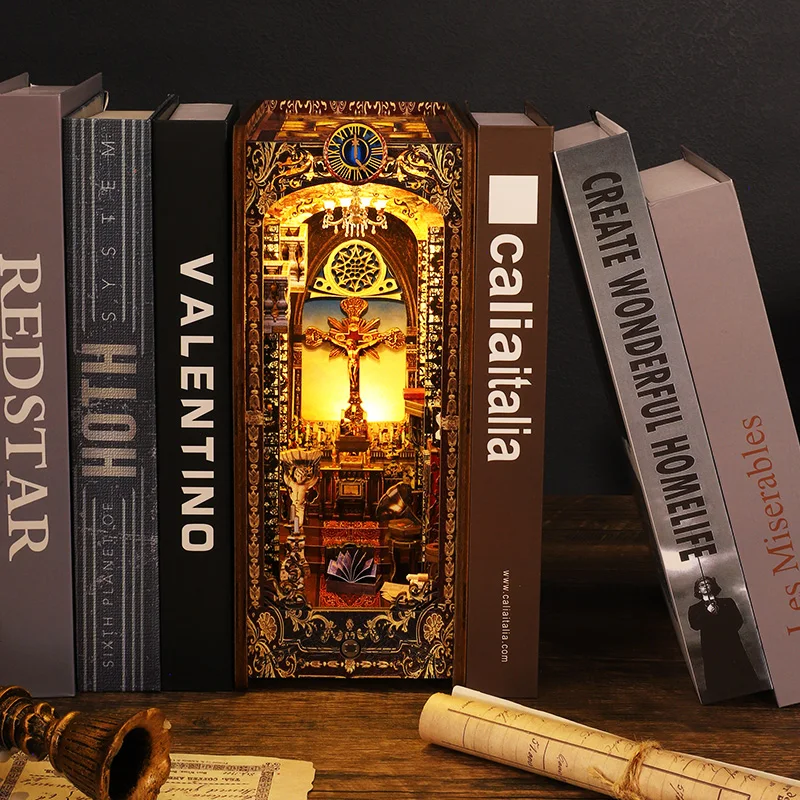 DIY Book Nook Insert Kits Wooden Miniature Building Kit Covenant Saint Church Bookend with LED Light Bookshelf Home Decoration