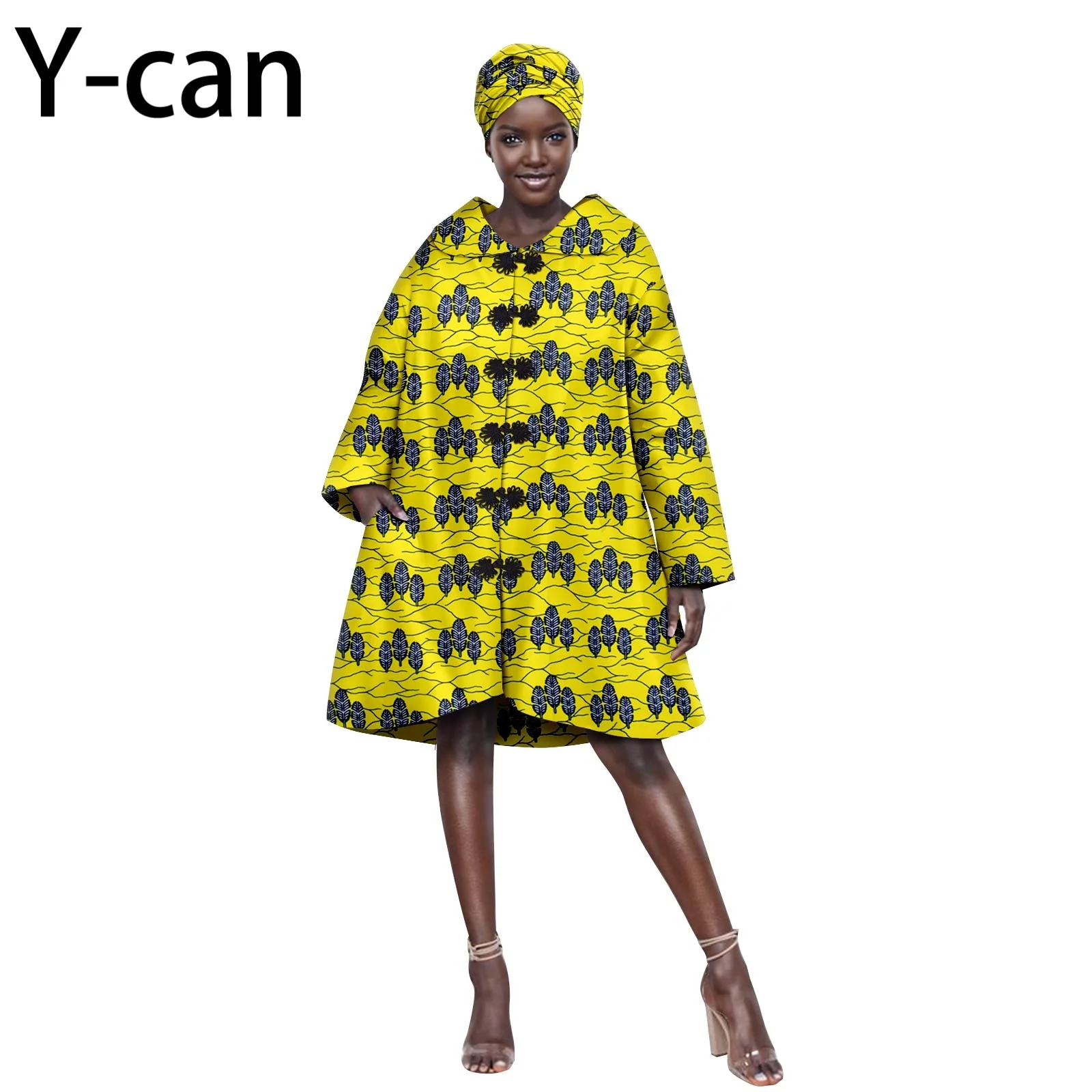 Dashiki Ankara Print African Women Coat Single-Breasted Women Coat Dress with Headscarf Traditional African Clothing 2424009