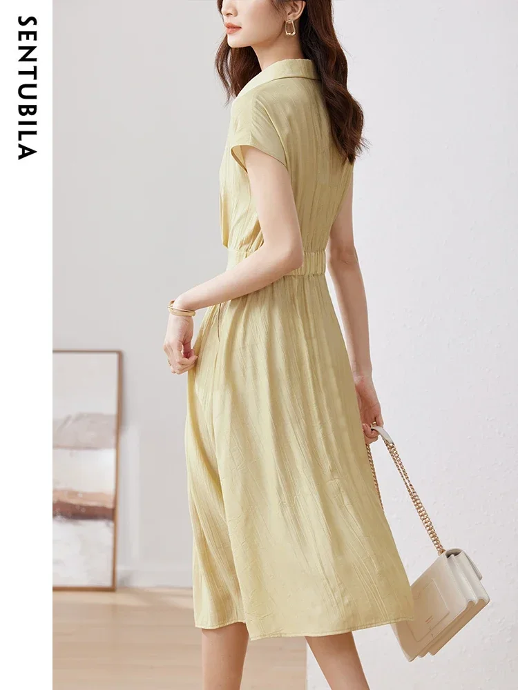 SENTUBILA Summer Shirt Dresses Women 2024 Office Lady Drop Short Sleeves Elastic Waist A Line Flowy Midi Elegant Dress 132L48557