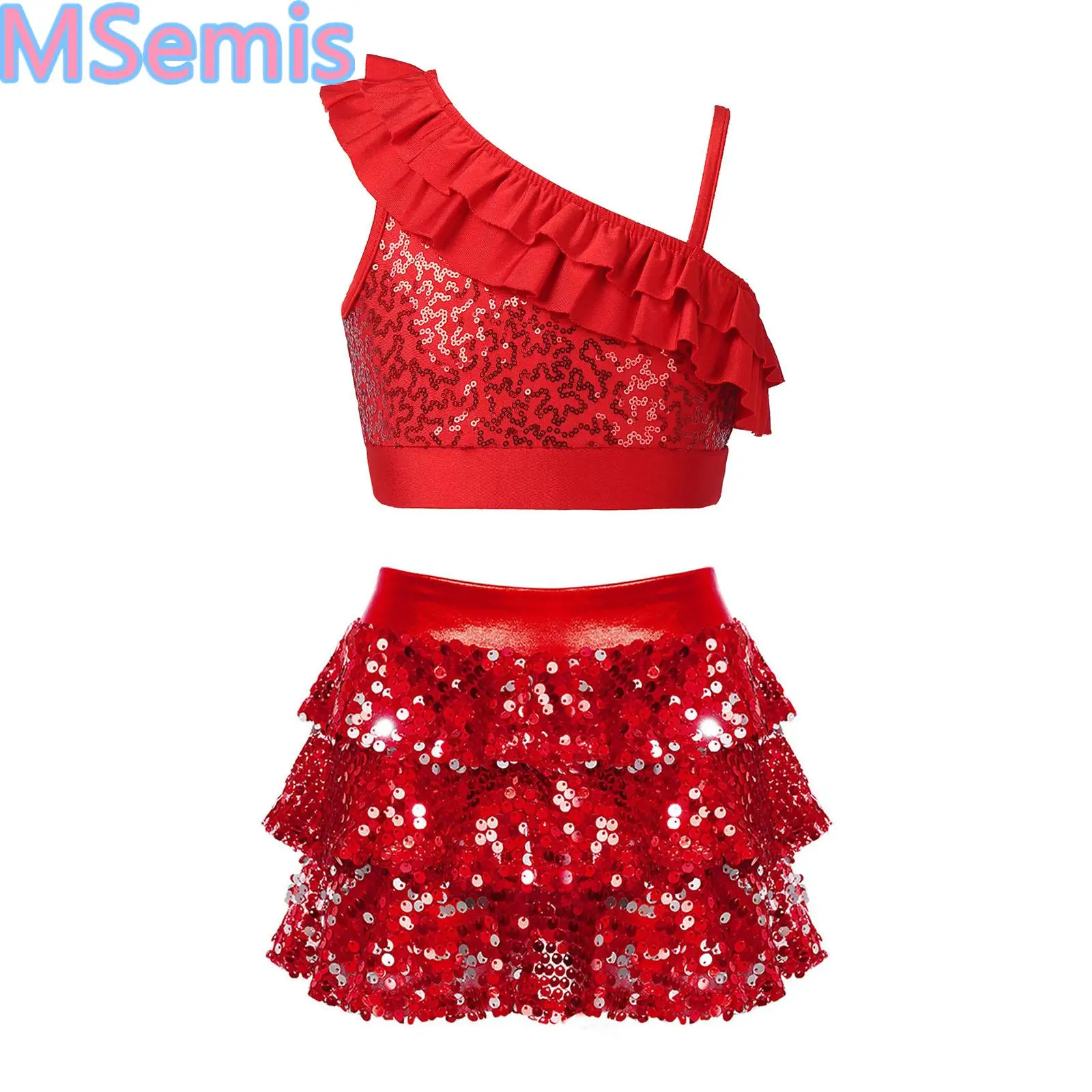 

Kids Girls Sequin Ruffle Dance Outfit Asymmetrical Shoulder Straps Crop Top with Sequins Tiered Ruffle Skirted Shorts Culottes