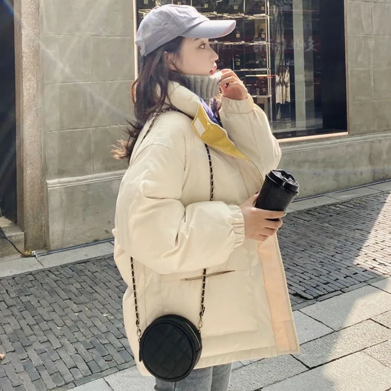 Winter Jacket Women Cotton Padded Bread Coat Fake Two Stand Collar Thickened Loose Black Warm Streetwear Fashion Bubble Coat